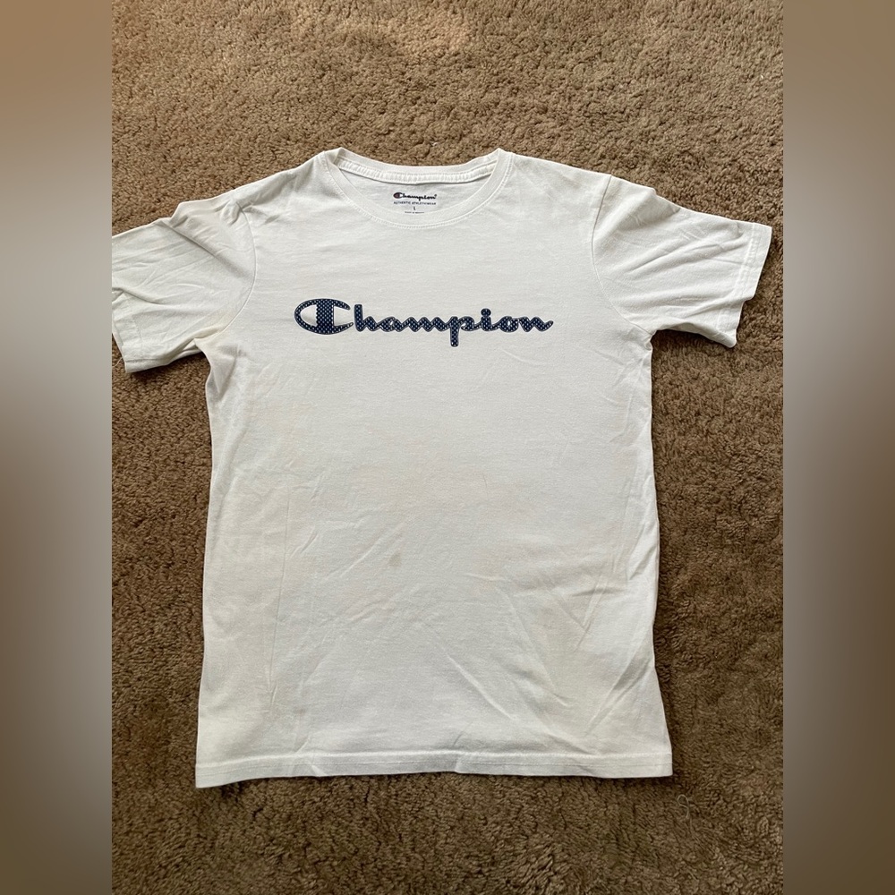 Champion T-shirt Tee shirt Youth Large White Spellout Logo.